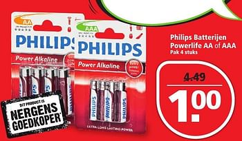 Aanbiedingen Philips batterijen powerlife aa of aaa - Philips - Geldig van 14/08/2016 tot 20/08/2016 bij Plus