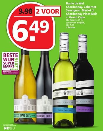 Aanbiedingen Danie de wet chardonnay, cabernet sauvignon merlot of chardonnay pinot noir of grand cape - Rode wijnen - Geldig van 14/08/2016 tot 20/08/2016 bij Plus