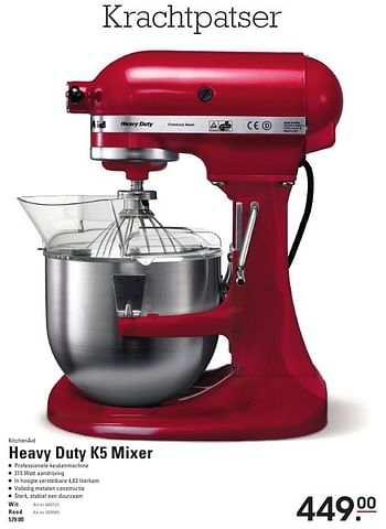 Aanbiedingen Kitchenaid heavy duty k5 mixer - Kitchenaid - Geldig van 04/08/2016 tot 22/08/2016 bij Sligro