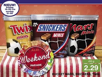 Aanbiedingen Bucket mars, snickers, twix - Mars Snacks - Geldig van 17/08/2016 tot 23/08/2016 bij Aldi