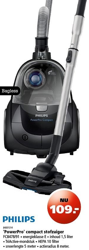 Aanbiedingen Philips powerpro compact stofzuiger - Philips - Geldig van 11/08/2016 tot 24/08/2016 bij Marskramer