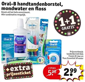 Aanbiedingen Tandenborstel kids frozen 8+ jaar en floss essential 50 meter - Oral-B - Geldig van 23/08/2016 tot 28/08/2016 bij Kruidvat