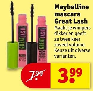 Aanbiedingen Maybelline mascara great lash - Maybelline - Geldig van 23/08/2016 tot 28/08/2016 bij Kruidvat