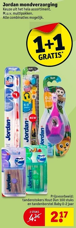 Aanbiedingen Tandenstokers hout dun en tandenborstel baby - Jordan - Geldig van 23/08/2016 tot 28/08/2016 bij Kruidvat