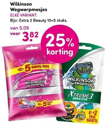 Aanbiedingen Wilkinson wegwerpmesjes extra 2 beauty - Wilkinson - Geldig van 15/08/2016 tot 28/08/2016 bij da