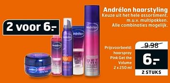 Aanbiedingen Andrélon haarstyling haarspray pink get the volume - Andrelon - Geldig van 23/08/2016 tot 04/09/2016 bij Trekpleister
