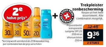 Aanbiedingen Trekpleister zonbescherming transparante sunspray spf 20 aftersun lotion - Huismerk - Trekpleister - Geldig van 23/08/2016 tot 04/09/2016 bij Trekpleister