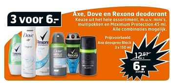 Aanbiedingen Axe, dove en rexona deodorant axe deospray black - Axe - Geldig van 23/08/2016 tot 04/09/2016 bij Trekpleister