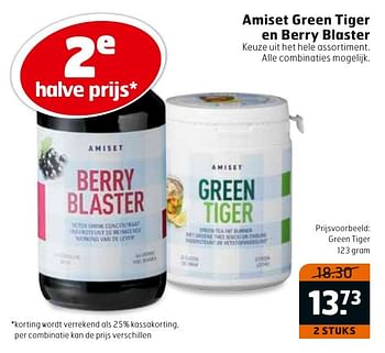 Aanbiedingen Amiset green tiger en berry blaster - Amiset - Geldig van 23/08/2016 tot 04/09/2016 bij Trekpleister