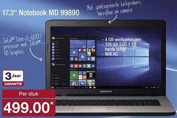 Aanbiedingen Medion notebook md 99890 - Medion - Geldig van 24/08/2016 tot 30/08/2016 bij Aldi