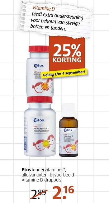 Aanbiedingen Vitamine d druppels - Huismerk - Etos - Geldig van 22/08/2016 tot 11/09/2016 bij Etos