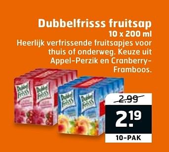 Aanbiedingen Dubbelfrisss fruitsap appel-perzik en cranberryframboos - Dubbelfrisss - Geldig van 23/08/2016 tot 04/09/2016 bij Trekpleister