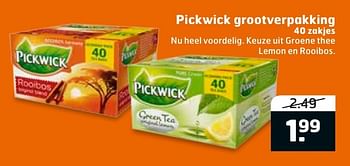 Aanbiedingen Pickwick grootverpakking nu heel voordelig. keuze uit groene thee lemon en rooibos - Pickwick - Geldig van 23/08/2016 tot 04/09/2016 bij Trekpleister