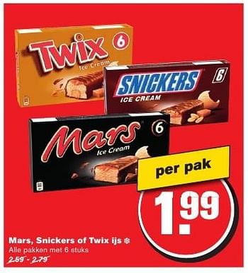 Aanbiedingen Mars, snickers of twix ijs - Snickers - Geldig van 24/08/2016 tot 30/08/2016 bij Hoogvliet