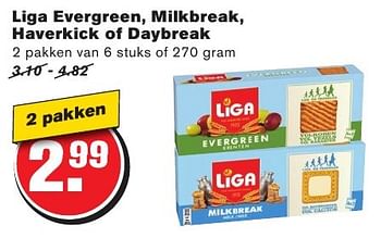 Aanbiedingen Liga evergreen, milkbreak, haverkick of daybreak - Liga - Geldig van 24/08/2016 tot 30/08/2016 bij Hoogvliet