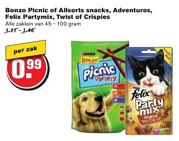 Aanbiedingen Bonzo picnic of allsorts snacks, adventuros, felix partymix, twist of crispies - Bonzo - Geldig van 24/08/2016 tot 30/08/2016 bij Hoogvliet