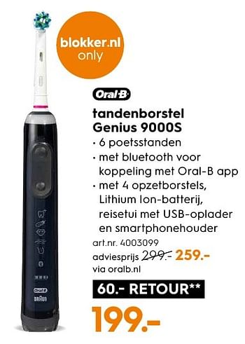 Aanbiedingen Tandenborstel genius 9000s - Oral-B - Geldig van 29/08/2016 tot 07/09/2016 bij Blokker
