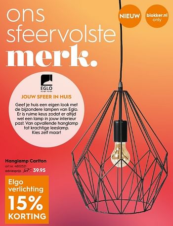 Aanbiedingen Hanglamp carlton - Eglo - Geldig van 29/08/2016 tot 07/09/2016 bij Blokker