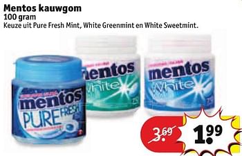 Aanbiedingen Mentos kauwgom pure fresh mint, white greenmint en white sweetmint - Mentos - Geldig van 30/08/2016 tot 11/09/2016 bij Kruidvat
