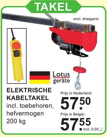 Aanbiedingen Lotus geräte elektrische kabeltakel - Lotus Geräte - Geldig van 12/09/2016 tot 01/10/2016 bij Van Cranenbroek
