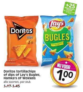 Aanbiedingen Doritos tortillachips of dips of lay`s bugles, hamka`s of wokkels - Doritos - Geldig van 11/09/2016 tot 17/09/2016 bij Em-té