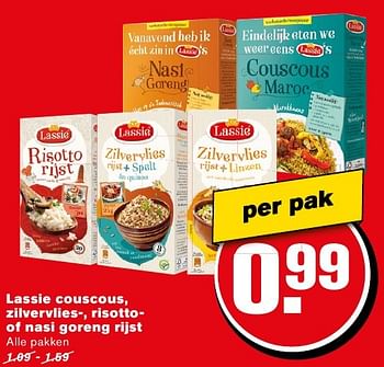 Aanbiedingen Lassie couscous, zilvervlies-, risottoof nasi goreng rijst - Lassie - Geldig van 14/09/2016 tot 20/09/2016 bij Hoogvliet
