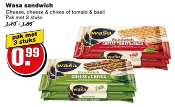 Aanbiedingen Wasa sandwich cheese, cheese + chives of tomato + basil - Wasa - Geldig van 14/09/2016 tot 20/09/2016 bij Hoogvliet