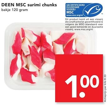Aanbiedingen Deen msc surimi chunks - Huismerk deen supermarkt - Geldig van 18/09/2016 tot 24/09/2016 bij Deen Supermarkten
