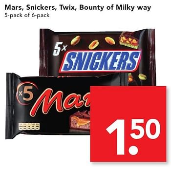 Aanbiedingen Mars, snickers, twix, bounty of milky way - Mars Snacks - Geldig van 18/09/2016 tot 24/09/2016 bij Deen Supermarkten