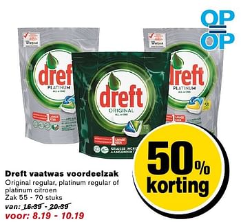 Aanbiedingen Dreft vaatwas voordeelzak original regular, platinum regular of platinum citroen - Dreft - Geldig van 14/09/2016 tot 20/09/2016 bij Hoogvliet