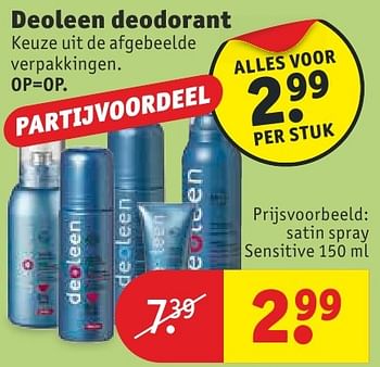 Aanbiedingen Satin spray sensitive - Deoleen - Geldig van 13/09/2016 tot 25/09/2016 bij Kruidvat