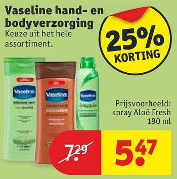 Aanbiedingen Vaseline hand en bodyverzorging spray aloë fresh - Vaseline  - Geldig van 13/09/2016 tot 25/09/2016 bij Kruidvat