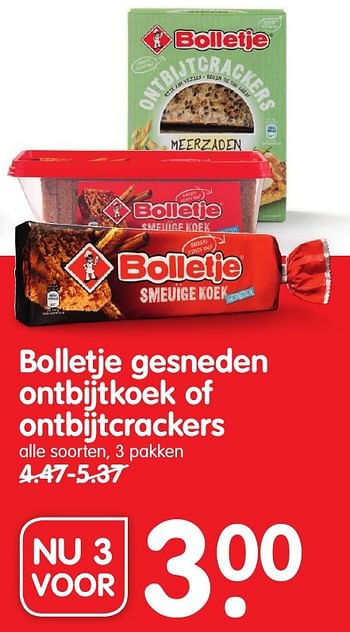 Aanbiedingen Bolletje gesneden ontbijtkoek of ontbijtcrackers - Bolletje - Geldig van 18/09/2016 tot 24/09/2016 bij Em-té