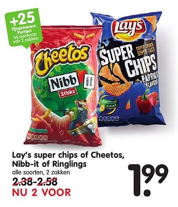 Aanbiedingen Lay`s super chips of cheetos, nibb-it of ringlings - Lay's - Geldig van 18/09/2016 tot 24/09/2016 bij Em-té