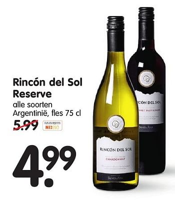Aanbiedingen Rincón del sol reserve - Rode wijnen - Geldig van 18/09/2016 tot 24/09/2016 bij Em-té