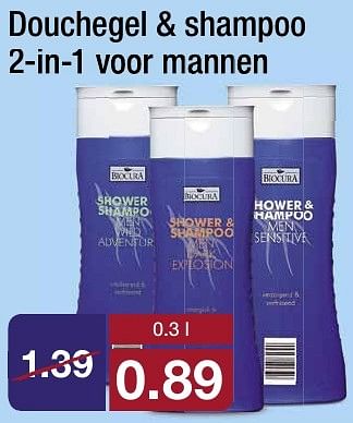 Aanbiedingen Douchegel + shampoo 2-in-1 voor mannen - Biocura - Geldig van 21/09/2016 tot 27/09/2016 bij Aldi