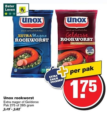 Aanbiedingen Unox rookworst extra mager of gelderse - Unox - Geldig van 21/09/2016 tot 27/09/2016 bij Hoogvliet
