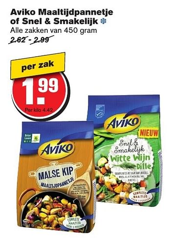 Aanbiedingen Aviko maaltijdpannetje of snel + smakelijk - Aviko - Geldig van 21/09/2016 tot 27/09/2016 bij Hoogvliet