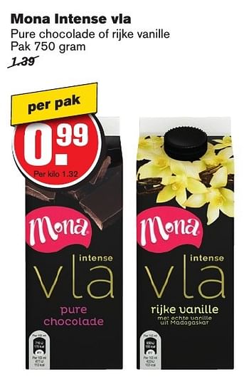 Aanbiedingen Mona intense vla pure chocolade of rijke vanille - Mona - Geldig van 21/09/2016 tot 27/09/2016 bij Hoogvliet