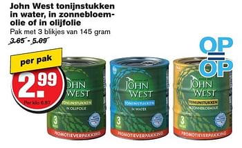 Aanbiedingen John west tonijnstukken in water, in zonnebloemolie of in olijfolie - John West - Geldig van 21/09/2016 tot 27/09/2016 bij Hoogvliet