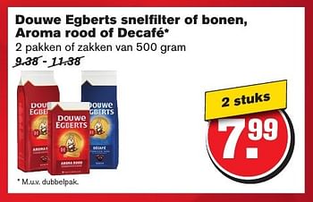 Aanbiedingen Douwe egberts snelfilter of bonen, aroma rood of decafé - Douwe Egberts - Geldig van 21/09/2016 tot 27/09/2016 bij Hoogvliet