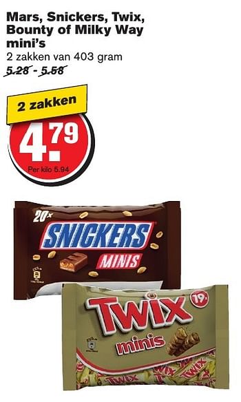 Aanbiedingen Mars, snickers, twix, bounty of milky way mini`s - Mars Snacks - Geldig van 21/09/2016 tot 27/09/2016 bij Hoogvliet
