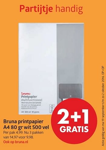 Aanbiedingen Bruna printpapier a4 80 gr wit 500 vel 2+1 gratis - Huismerk-Bruna - Geldig van 19/09/2016 tot 02/10/2016 bij Bruna