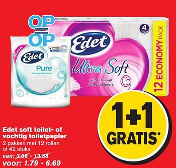 Aanbiedingen Edet soft toilet- of vochtig toiletpapier - Edet - Geldig van 21/09/2016 tot 27/09/2016 bij Hoogvliet