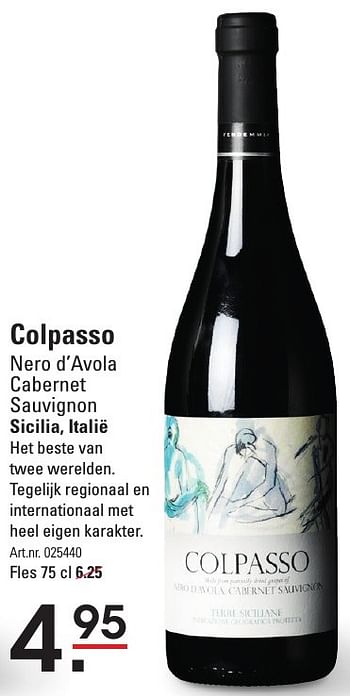 Aanbiedingen Colpasso nero d`avola cabernet sauvignon sicilia, italië - Rode wijnen - Geldig van 15/09/2016 tot 03/10/2016 bij Sligro