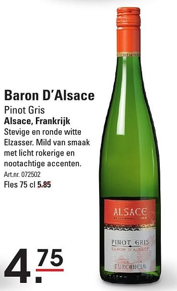 Aanbiedingen Baron d`alsace pinot gris alsace, frankrijk - Witte wijnen - Geldig van 15/09/2016 tot 03/10/2016 bij Sligro