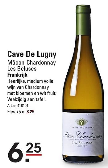 Aanbiedingen Cave de lugny mâcon-chardonnay les beluses frankrijk - Witte wijnen - Geldig van 15/09/2016 tot 03/10/2016 bij Sligro