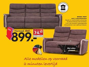 Aanbiedingen Model ruby met 2 relaxelementen - Huismerk - Seats and Sofas - Geldig van 26/09/2016 tot 01/10/2016 bij Seats and Sofas
