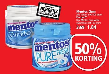 Aanbiedingen Mentos gum white sweetmint - Mentos - Geldig van 25/09/2016 tot 01/10/2016 bij Plus