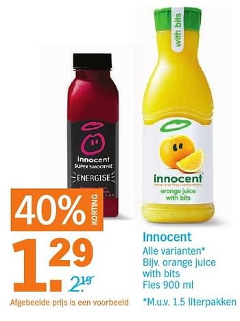 Aanbiedingen Innocent orange juice with bits - Innocent - Geldig van 26/09/2016 tot 02/10/2016 bij Albert Heijn